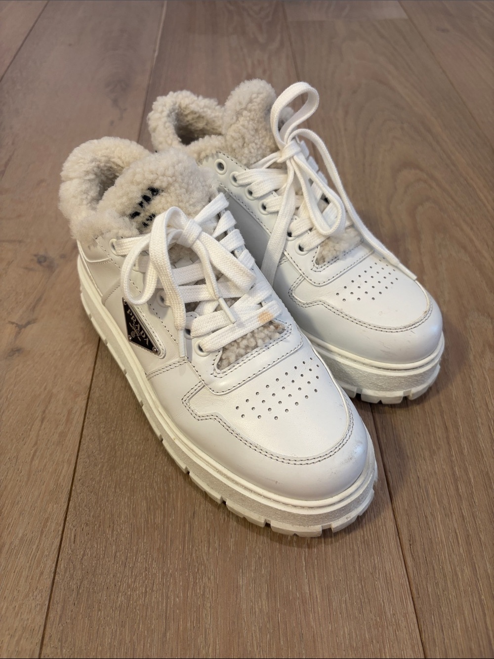 Prada Cream-Trim White Leather Platform Sneakers